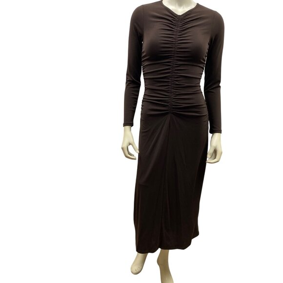 MICHAEL KORS $145 Brown Ruched Long Sleeve Midi‎ Dress With V-Neckline SM NWT - Picture 4 of 12